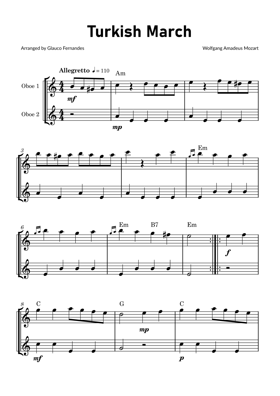 Turkish March by Mozart - Oboe Duet with Chord Notations (arr. Glauco Fernandes)