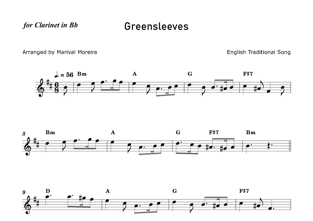 Greensleeves - Clarinet in Bb solo (with chords) (arr. Marival Moreira)