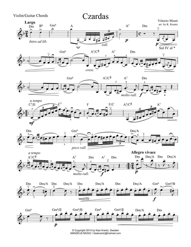 Czardas for violin with guitar chords (lead sheet) (arr. K. Krantz)