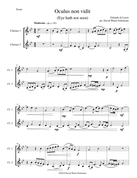 Oculus non vidit (Eye hath not seen) arranged for 2 clarinets (arr. David Warin Solomons)