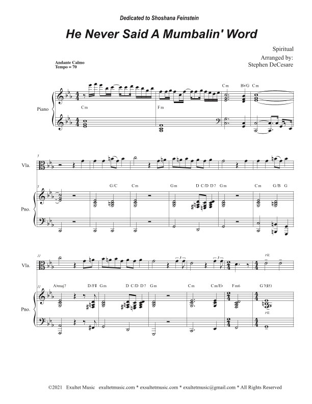 He Never Said A Mumbalin' Word (Viola solo and Piano) (arr. Stephen DeCesare)
