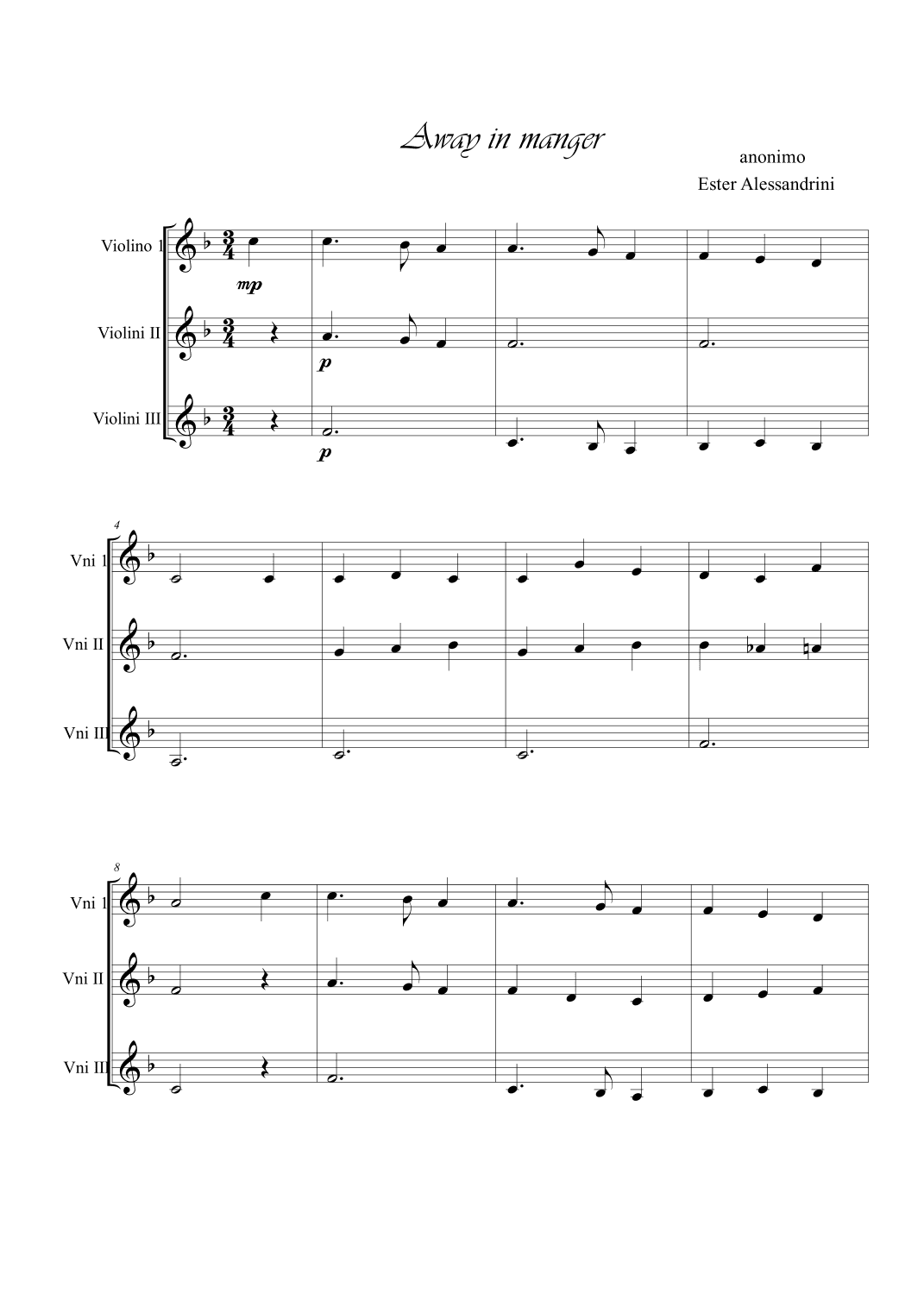 Away in a manger. Violin trio - Score Only (arr. Ester Alessandrini)