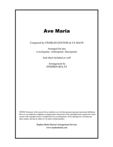 Ave Maria (Bach/Gounod) - arranged for duo (vocal/guitar, violin/guitar, flute/guitar) + lead sheet (arr. Stephen Bulat)