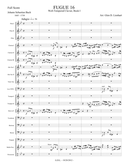 Fugue no. 16 - Well Tempered Clavier, Book I - Extra Score (arr. Glen D. Lienhart)