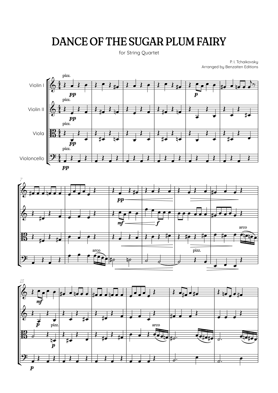 Dance of the Sugar Plum Fairy •  String Quartet sheet music (arr. Benzaiten Editions)