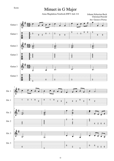 Minuet in G Major for 3 guitars   (from The Anna Magdalena Notebook) (arr. Gustavo Porras)