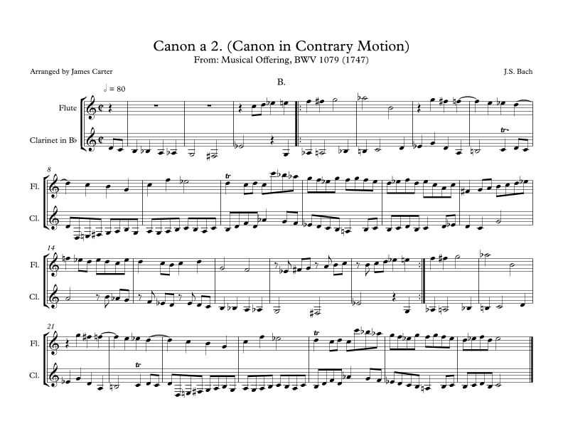Canon in Contrary Motion II from Musical Offering for Flute & Clarinet Duet (arr. J.W. Carter)
