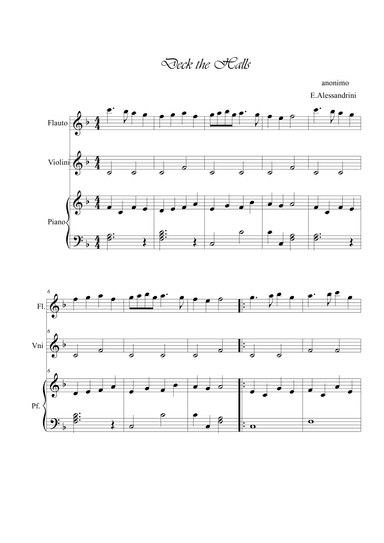 Deck the Halls. Flute, violin and piano Trio - Score Only (arr. Ester Alessandrini)