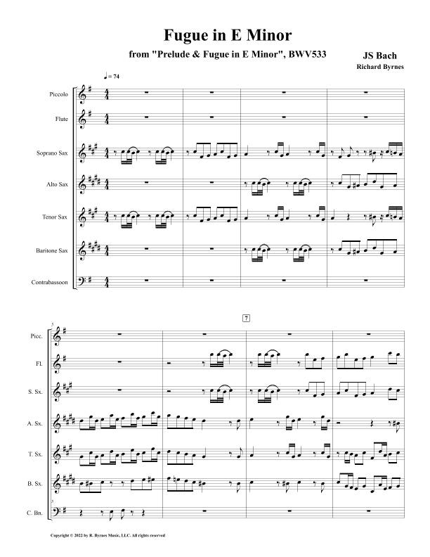 Fugue in E Minor, BWV 533 (Saxophone Quartet + Piccolo, Flute & Contrabassoon) (arr. Richard Byrnes)