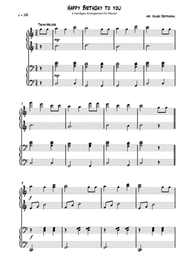 Happy Birthday to you | for four hands (piano duet) | easy piano score (arr. Holger Dieffendahl)