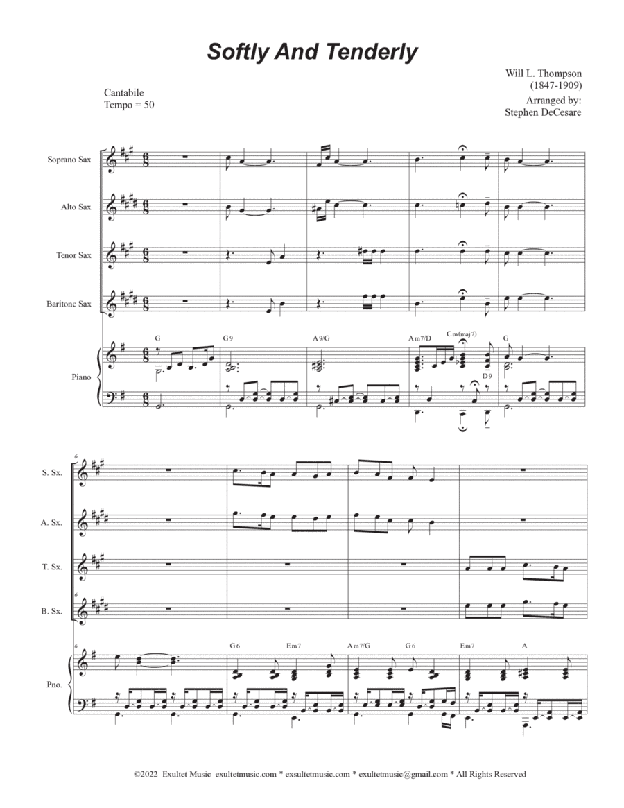 Softly And Tenderly (Saxophone Quartet and Piano) (arr. Stephen DeCesare)