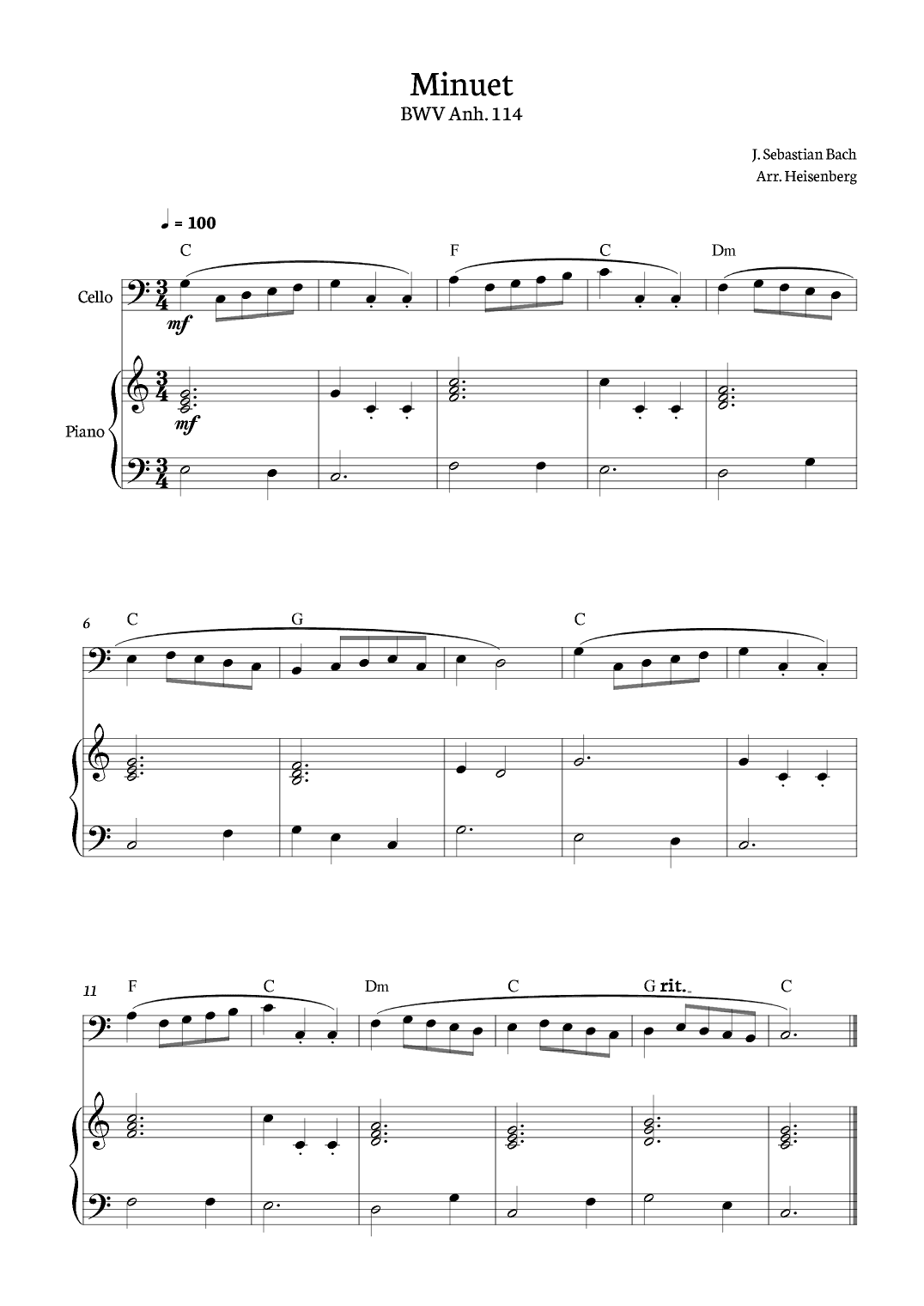 Minuet - Bach for Cello with piano. (arr. Heisenberg)