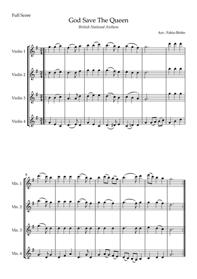 God Save The Queen (British National Anthem) for Violin Quartet (arr. Fabio Britto)