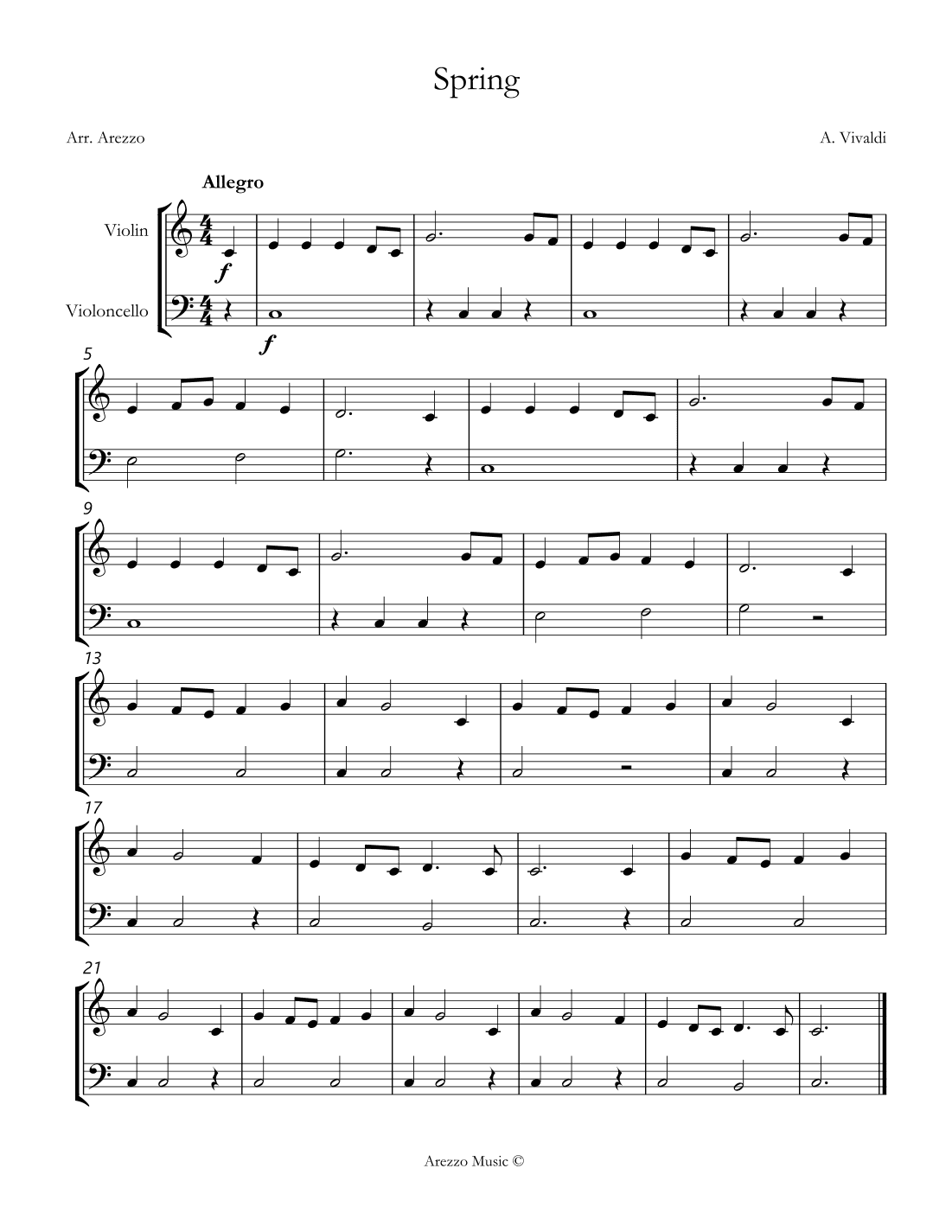 vivaldi spring easy violin and cello sheet music (arr. Arezzo Music)