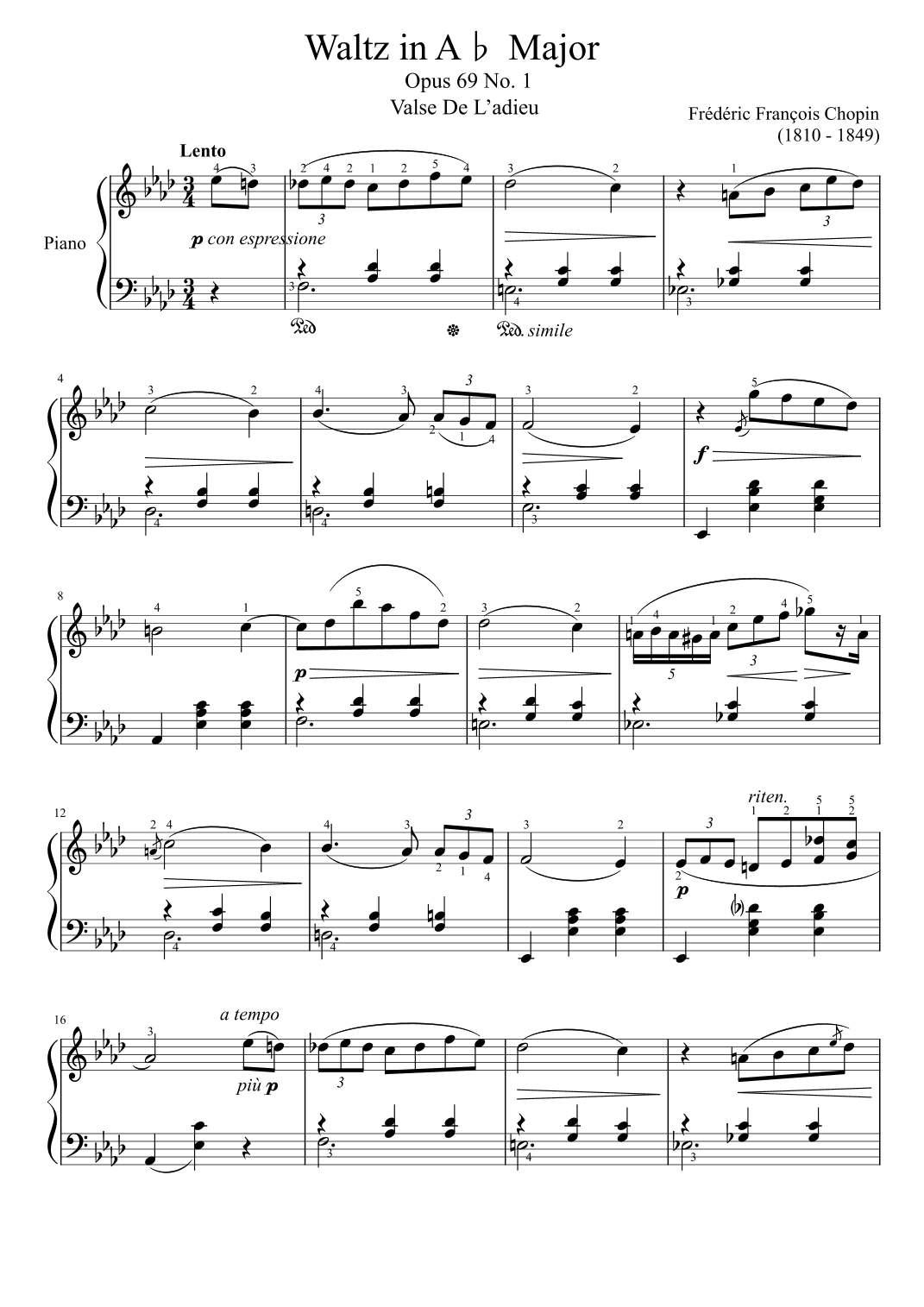 Chopin Waltz Opus 69 No. 1 in A? Major Valse De L’adieu With Finger (arr. poon)