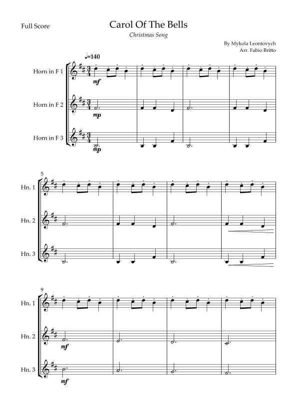 Carol Of The Bells (Christmas Song) for Horn in F Trio (arr. Fabio Britto)