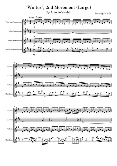 Vivaldi's Four Seasons, Winter, 2nd Movement (Largo) for Saxophone Quartet (arr. Azrai Norzuki (M.A.N.))