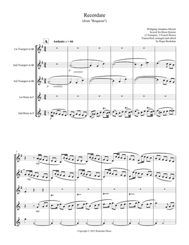 Recordare (from "Requiem") (F) (Brass Quintet - 3 Trp, 2 Hrn) (arr. Regis Bookshar)