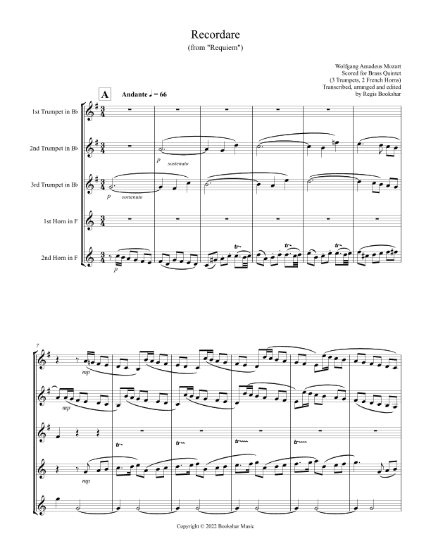 Recordare (from "Requiem") (F) (Brass Quintet - 3 Trp, 2 Hrn) (arr. Regis Bookshar)