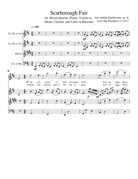 Scarborough Fair, for Flute or Violin, or Oboe; B Flat Clarinet, and Cello or Bassoon, with wedding (arr. Ray Kamada)