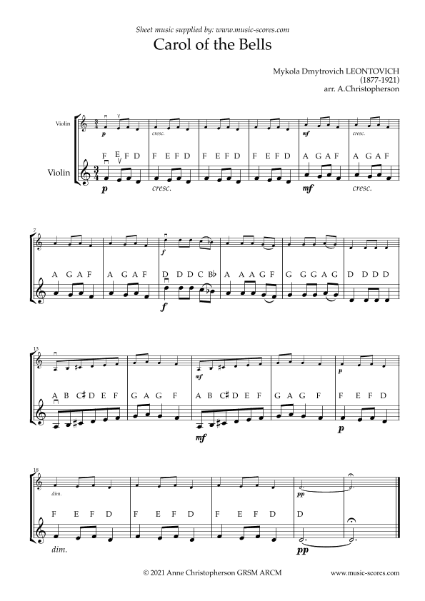 Carol of the Bells - Easy Violin with note names (arr. Anne L Christopherson GRSM ARCM)