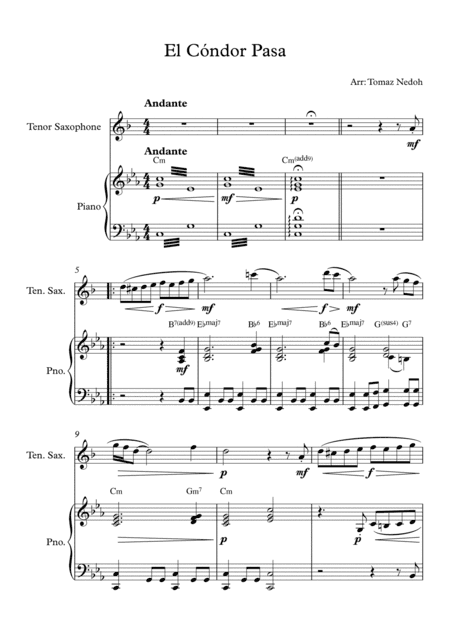 El Cóndor Pasa Tenor Saxophone and Piano (arr. Tomaz Nedoh)