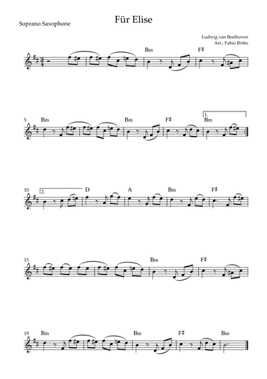 Für Elise (Beethoven) for Soprano Saxophone Solo with Chords (Simplified) (arr. Fabio Britto)