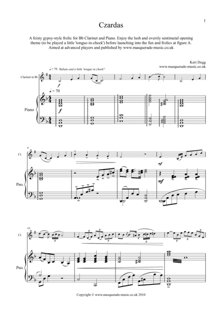 Czardas - A feisty gypsy-style romp for Bb Clarinet & Piano. No safety net supplied!