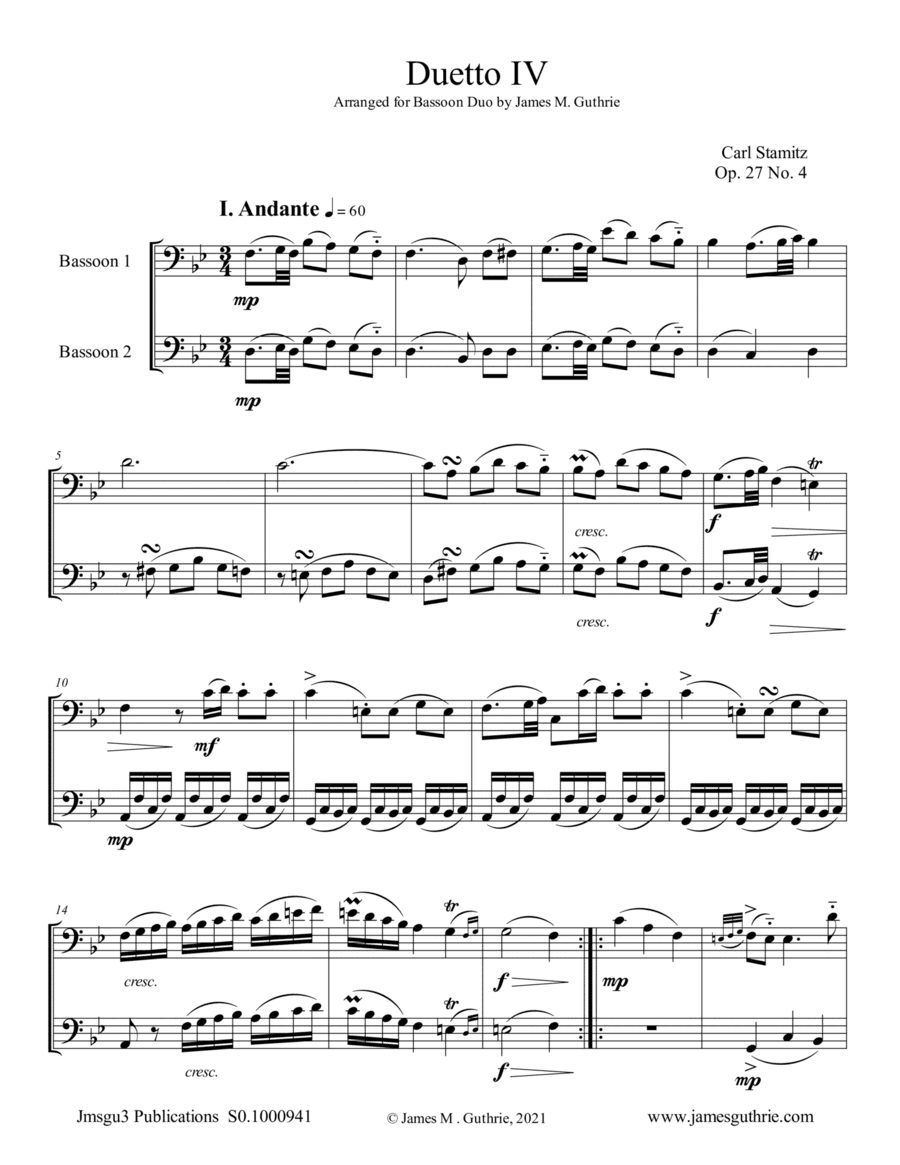 Stamitz: Duet Op. 27 No. 4 for Bassoon Duo (arr. James M. Guthrie)