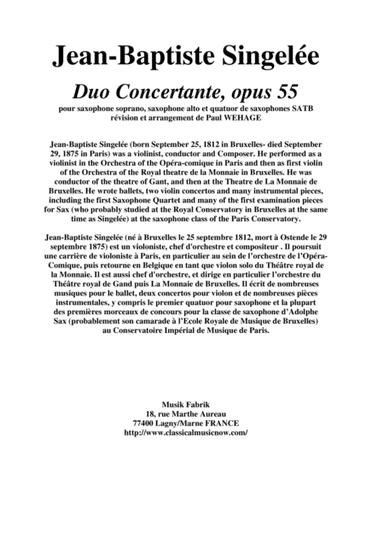 Jean-Baptiste Singelée Duo Concertante, Opus 55 arranged for soprano saxophone, alto saxophone and S (arr. Musik Fabrik Music Publishing)