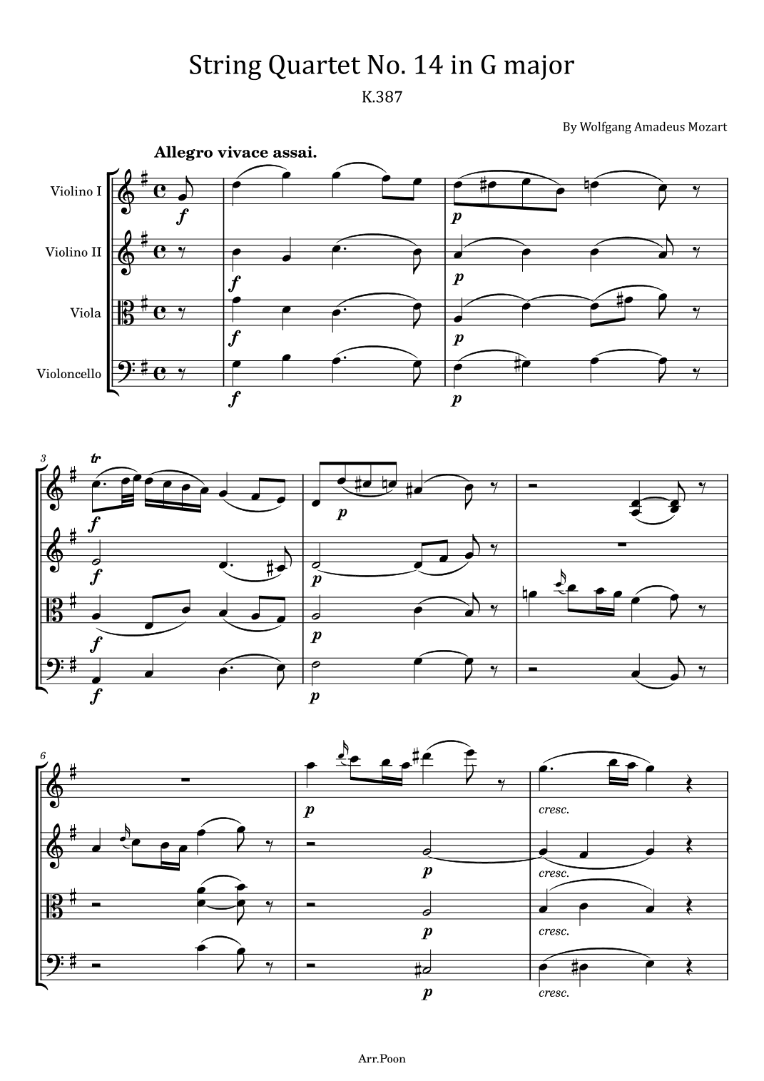 Mozart - String Quartet No.14 in G major -"Spring" K.387 - For String Quartet Original (arr. poon)