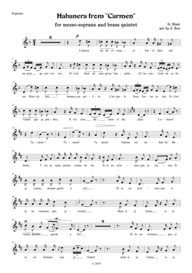 "Habanera" from Carmen, for Mezzo-Soprano and Brass Quintet (arr. Jiahung Zou)