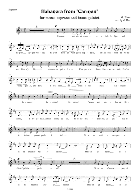 "Habanera" from Carmen, for Mezzo-Soprano and Brass Quintet (arr. Jiahung Zou)