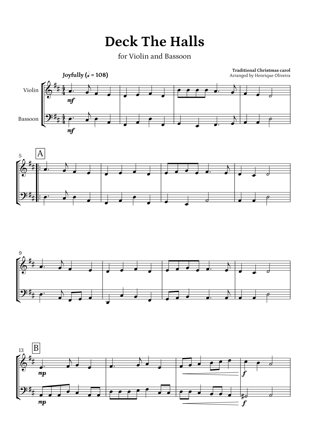 Deck The Halls (Violin and Bassoon) | Christmas Carol (arr. Henrique Oliveira)