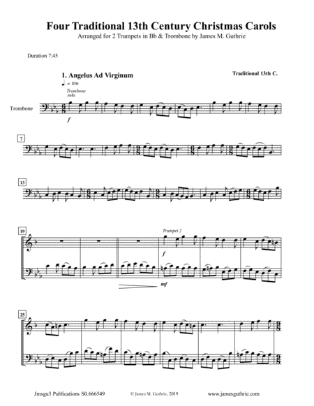 Four Traditional 13th Century Christmas Carols for 2 Trumpets & Trombone (arr. James M. Guthrie, ASCAP)