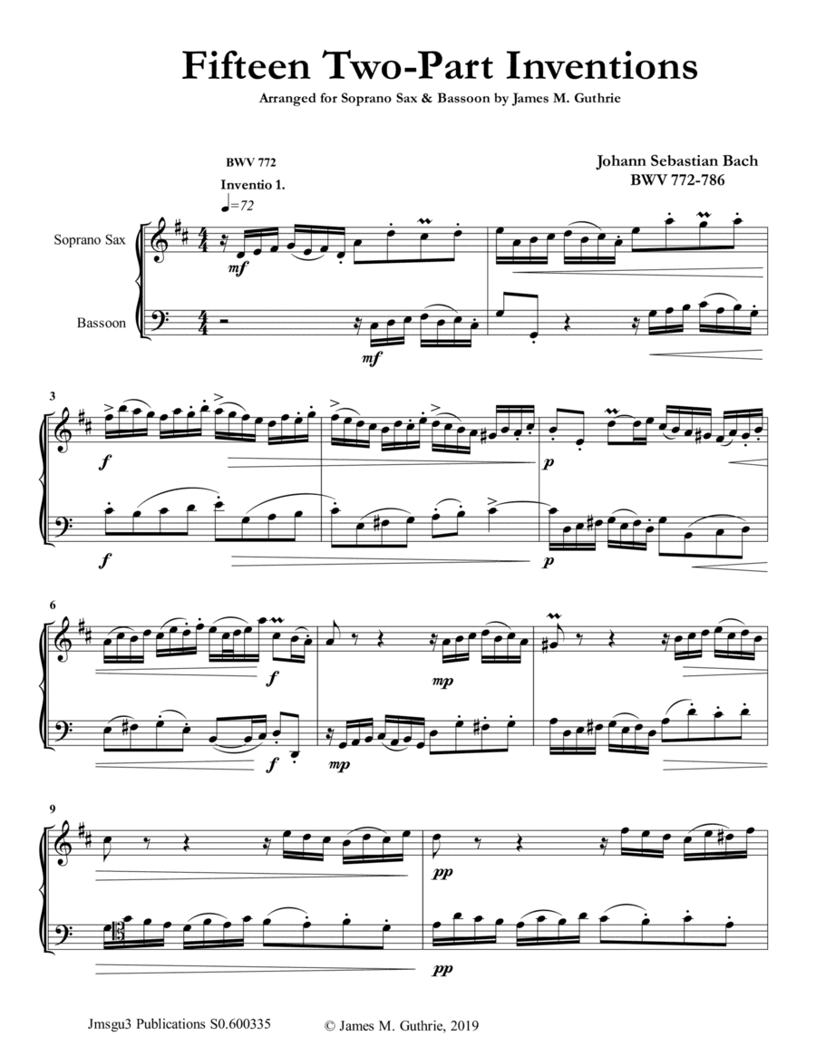 Bach: 15 Two-Part Inventions for Soprano Sax & Bassoon (arr. James M. Guthrie, ASCAP)