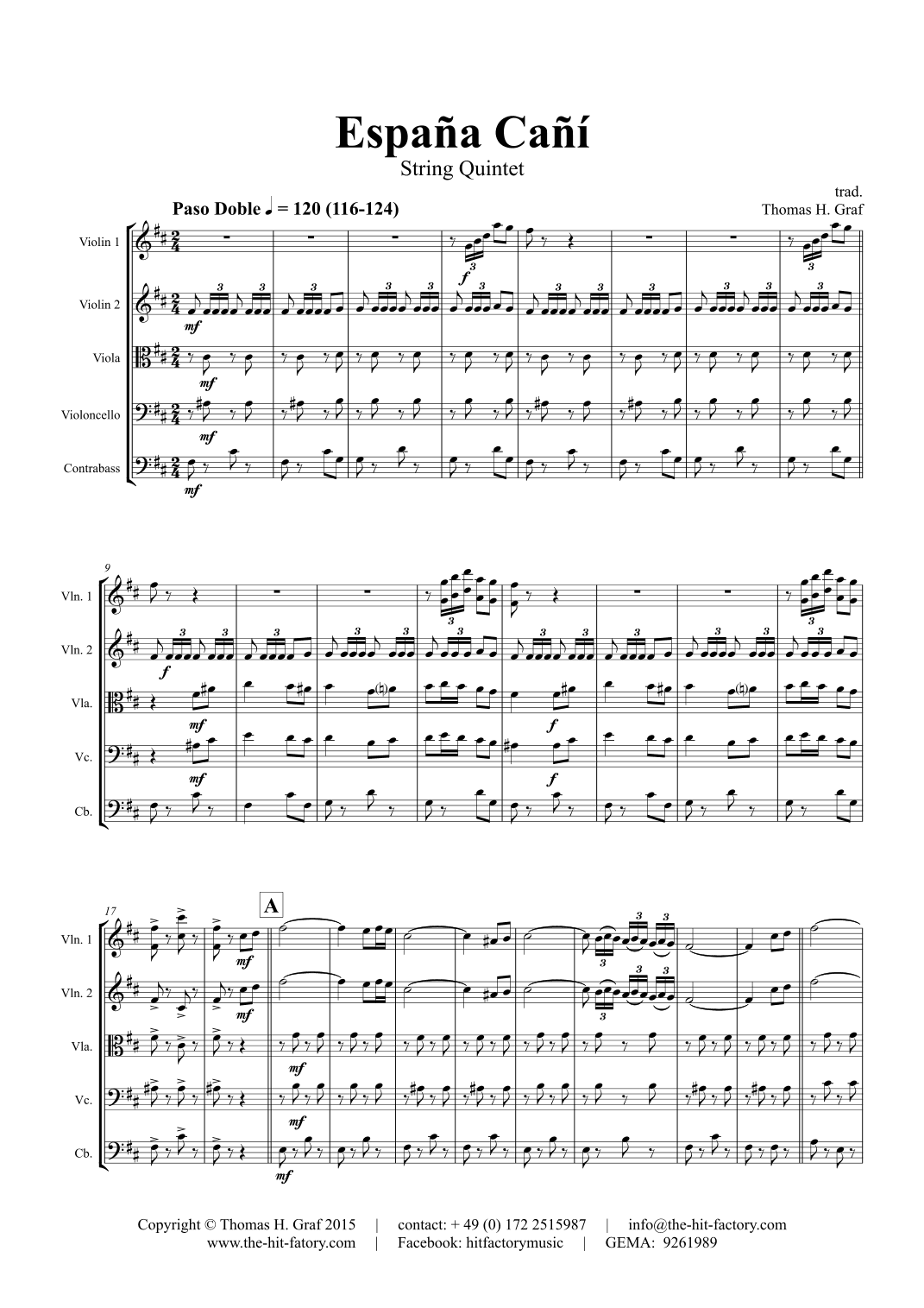 España Cañí - Paso Doble Gypsy Dance - String Quintet - E (arr. Thomas H. Graf)