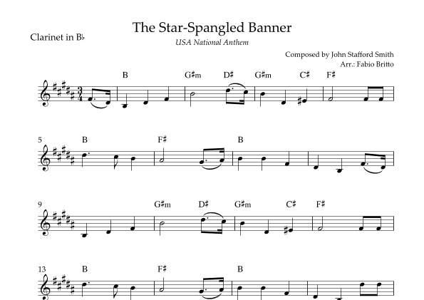 The Star Spangled Banner (USA National Anthem) for Clarinet in Bb Solo with Chords (A Major) (arr. Fabio Britto)