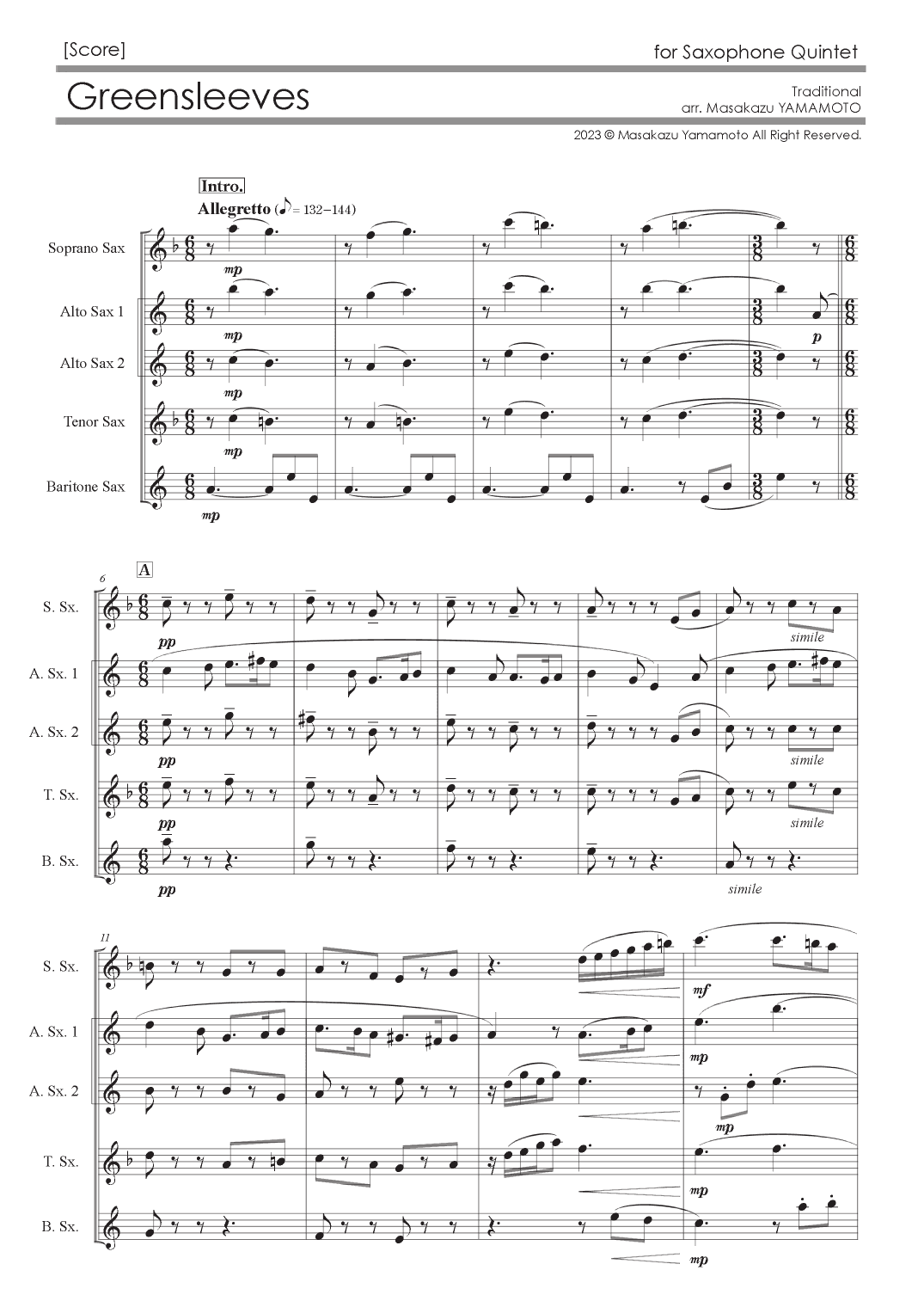 Greensleeves [Saxophone Quintet] (arr. Masakazu YAMAMOTO)