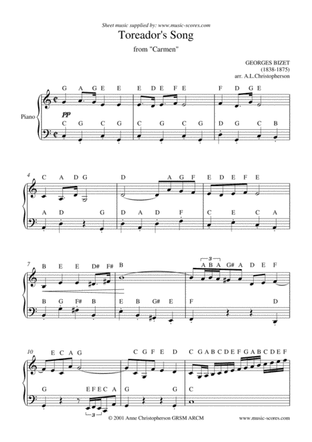 The Toreador Song from Carmen (short version) - Easy Piano (arr. Anne L Christopherson GRSM ARCM)