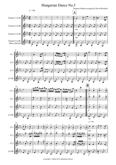 Hungarian Dance No.5 for Clarinet Quartet (arr. David Burndrett)