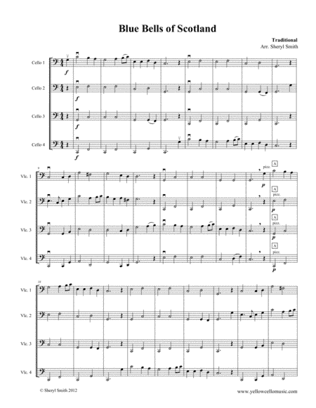 Blue Bells of Scotland for beginner cello quartet (four cellos) (arr. Yellow Cello Music)
