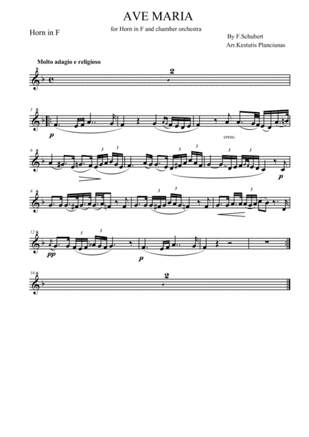 Ave Maria (For Horn in F and chamber orchestra) (arr. Kestutis Planciunas)