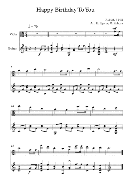 Happy Birthday To You, Patty & Mildred J. Hill, For Viola & Guitar