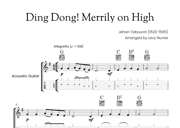 Ding Dong! Merrily on High - For easy guitar with chord symbols and tab. (Easy/Beginner) (arr. Levy Nunes)