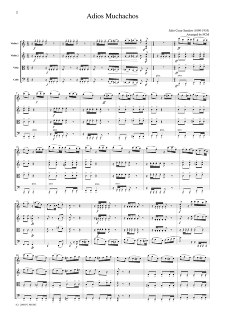 Tango  Adios Muchachos, for string quartet, TA008 (arr. FCMUSIC)