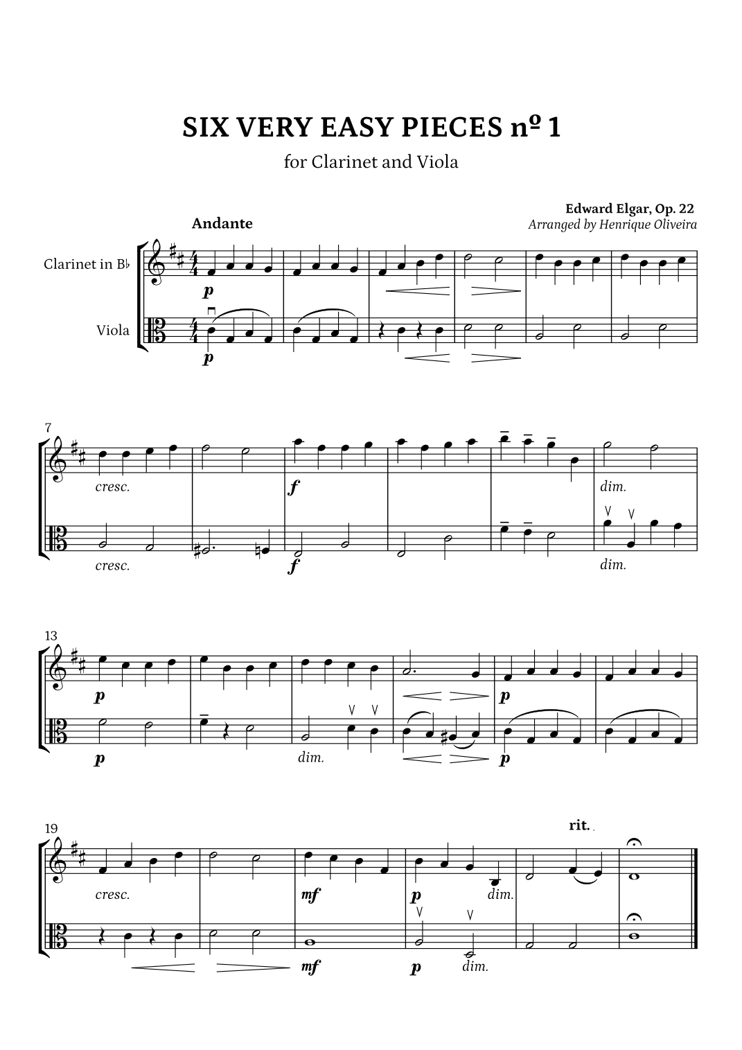 Six Very Easy Pieces nº 1 (Andante) - Clarinet and Viola (arr. Henrique Oliveira)