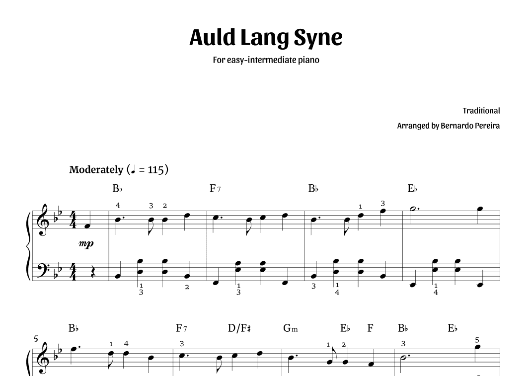 Auld Lang Syne (easy-intermediate piano – Bb major) (arr. Bernardo Pereira)