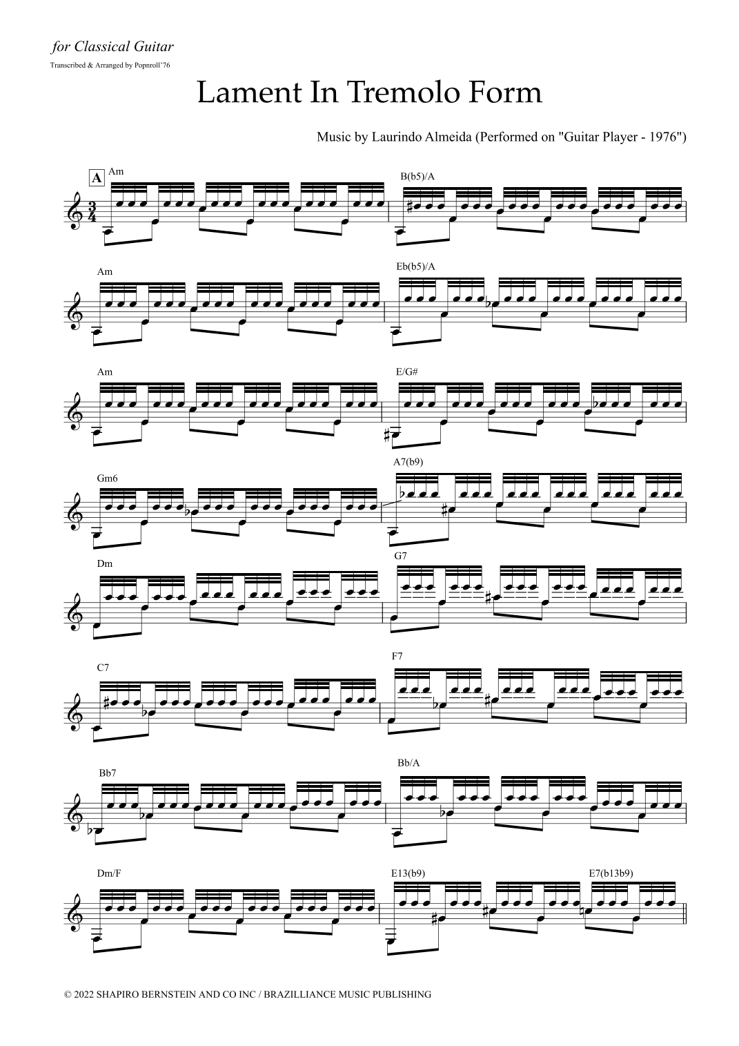 Lament In Tremolo Form (arr. Popnroll 1976)