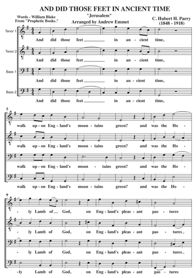 Jerusalem (And Did Those Feet) A Cappella TTBB (arr. Andrew Emmet)